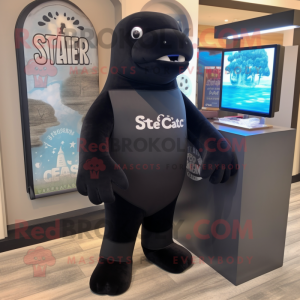 Black Stellar'S Sea Cow mascot costume character dressed with a Sheath Dress and Tie pins