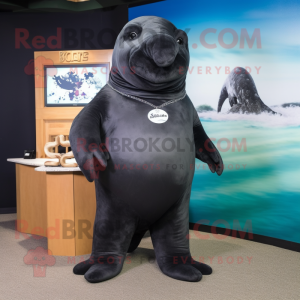 Black Stellar'S Sea Cow mascot costume character dressed with a Sheath Dress and Tie pins