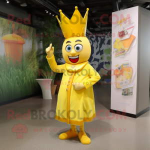 Yellow Queen mascot costume character dressed with a Romper and Hat pins