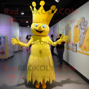 Yellow Queen mascot costume character dressed with a Romper and Hat pins