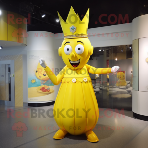 Yellow Queen mascot costume character dressed with a Romper and Hat pins