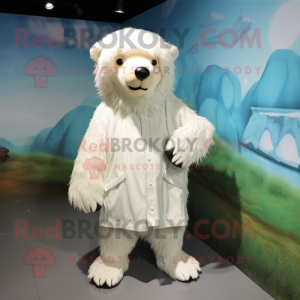 White Sloth Bear mascot costume character dressed with a Raincoat and Shoe laces