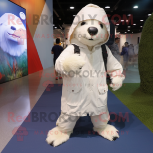 White Sloth Bear mascot costume character dressed with a Raincoat and Shoe laces