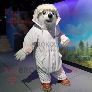 White Sloth Bear mascot costume character dressed with a Raincoat and Shoe laces