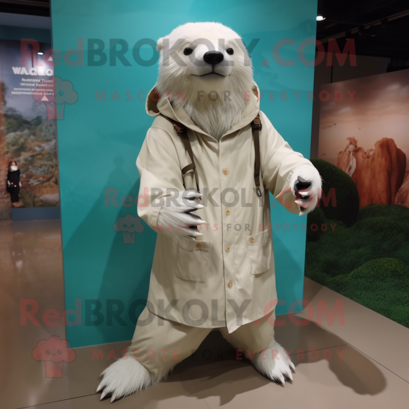 White Sloth Bear mascot costume character dressed with a Raincoat and Shoe laces White Sloth Bear mascot costume character dressed with a Raincoat and Shoe laces