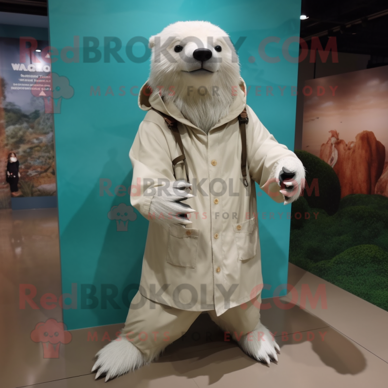 White Sloth Bear mascot costume character dressed with a Raincoat and Shoe laces