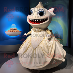 Cream Tuna mascot costume character dressed with a Ball Gown and Bracelets