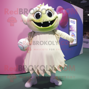 Cream Tuna mascot costume character dressed with a Ball Gown and Bracelets