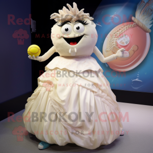 Cream Tuna mascot costume character dressed with a Ball Gown and Bracelets