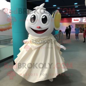Cream Tuna mascot costume character dressed with a Ball Gown and Bracelets