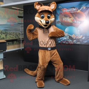 Brown Dingo mascot costume character dressed with a Jumpsuit and Headbands