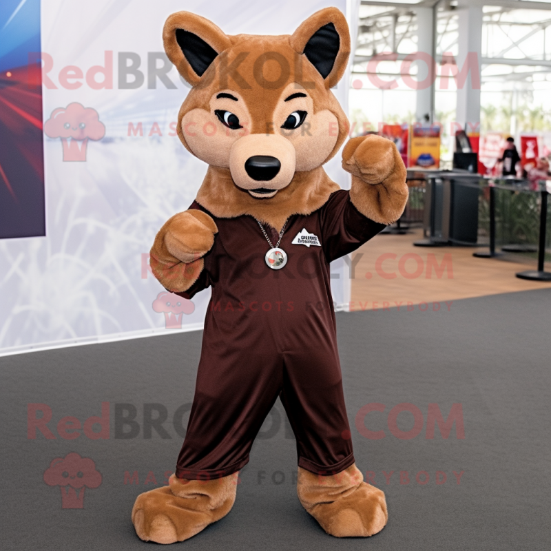 Brown Dingo mascot costume character dressed with a Jumpsuit and Headbands