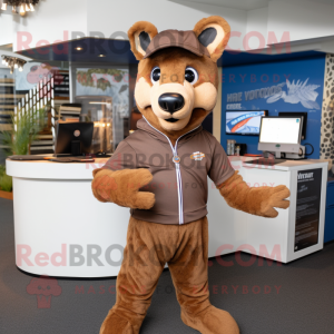 Brown Dingo mascot costume character dressed with a Jumpsuit and Headbands
