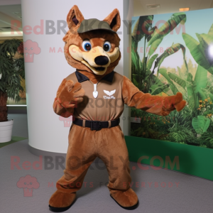 Brown Dingo mascot costume character dressed with a Jumpsuit and Headbands