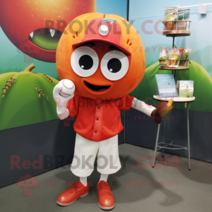 Rust Tomato mascot costume character dressed with a Baseball Tee and Earrings