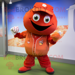Rust Tomato mascot costume character dressed with a Baseball Tee and Earrings