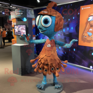 Rust Peacock mascot costume character dressed with a Playsuit and Bow ties