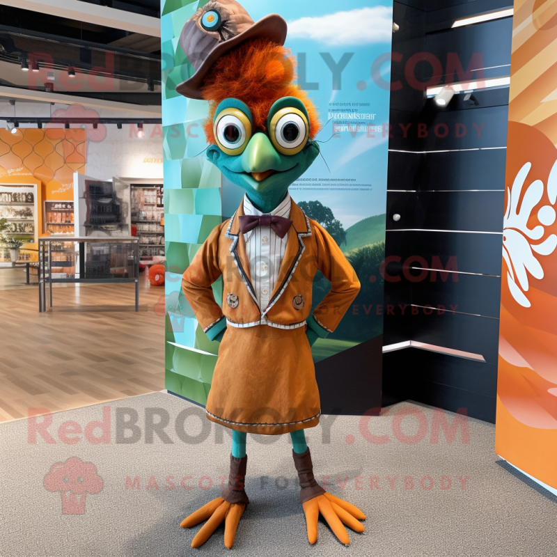 Rust Peacock mascot costume character dressed with a Playsuit and Bow ties