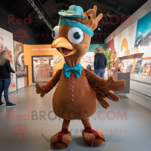 Rust Peacock mascot costume character dressed with a Playsuit and Bow ties
