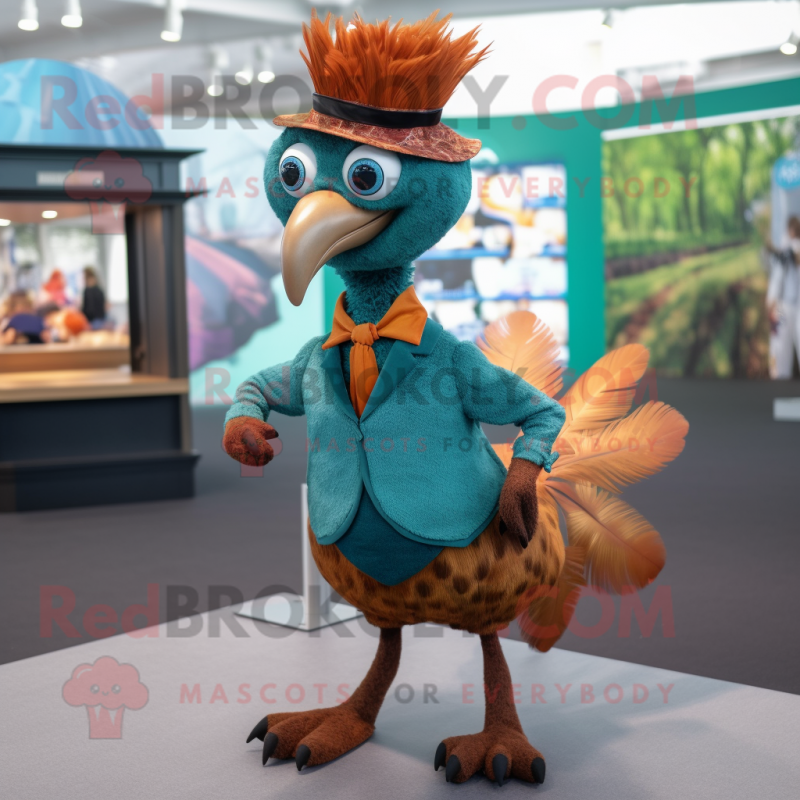 Rust Peacock mascot costume character dressed with a Playsuit and Bow ties