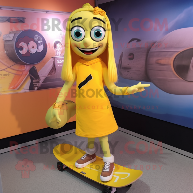 Yellow Skateboard mascot costume character dressed with a Mini Skirt and Shoe clips