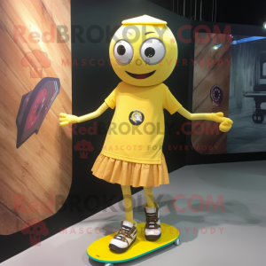 Yellow Skateboard mascot costume character dressed with a Mini Skirt and Shoe clips