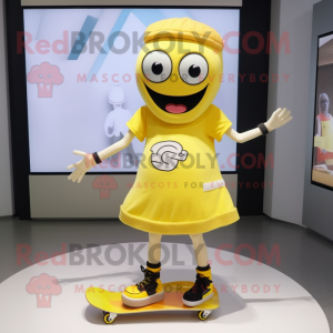 Yellow Skateboard mascot costume character dressed with a Mini Skirt and Shoe clips