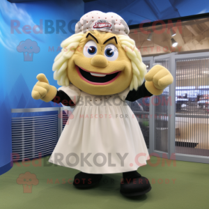 Cream Baseball Glove mascot costume character dressed with a Maxi Skirt and Hair clips