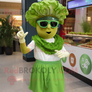 Green Caesar Salad mascot costume character dressed with a Empire Waist Dress and Sunglasses