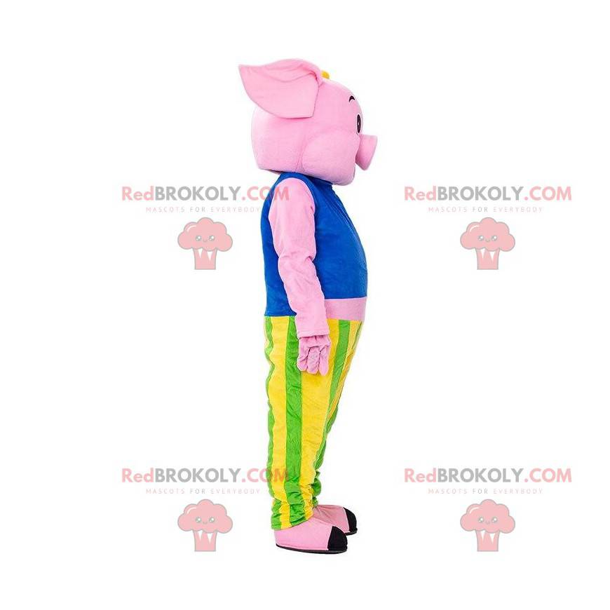 Pink pig mascot dressed in a colorful outfit - Redbrokoly.com