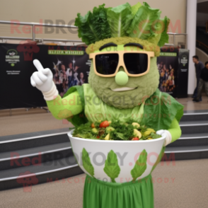 Green Caesar Salad mascot costume character dressed with a Empire Waist Dress and Sunglasses