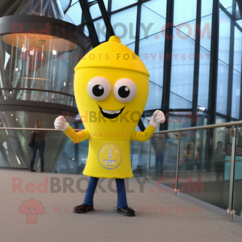 Lemon Yellow Hourglass mascot costume character dressed with a Skinny Jeans and Necklaces
