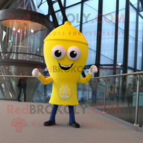 Lemon Yellow Hourglass mascot costume character dressed with a Skinny Jeans and Necklaces