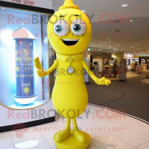 Lemon Yellow Hourglass mascot costume character dressed with a Skinny Jeans and Necklaces