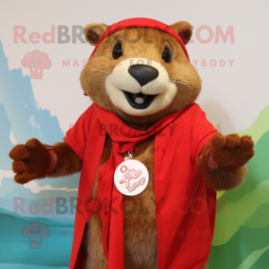 Red Otter mascot costume character dressed with a Cardigan and Bracelets