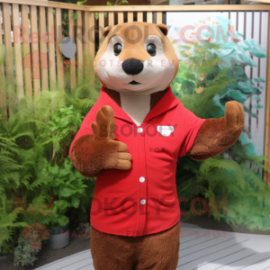 Red Otter mascot costume character dressed with a Cardigan and Bracelets