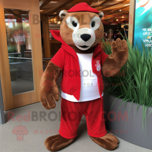 Red Otter mascot costume character dressed with a Cardigan and Bracelets