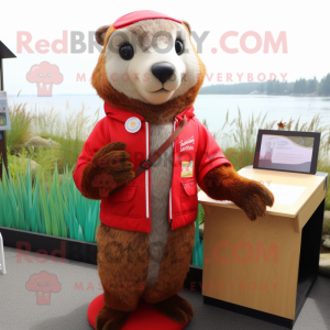 Red Otter mascot costume character dressed with a Cardigan and Bracelets