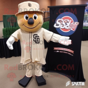 Tan Wedding Cake mascot costume character dressed with a Baseball Tee and Pocket squares