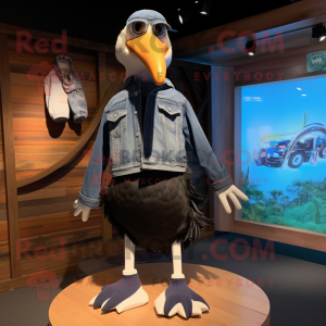 Black Albatross mascot costume character dressed with a Denim Shorts and Shoe laces