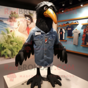 Black Albatross mascot costume character dressed with a Denim Shorts and Shoe laces