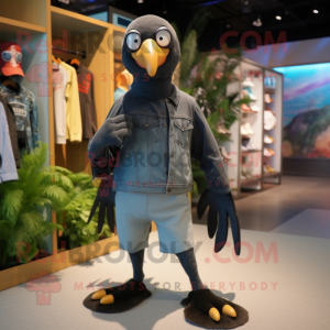 Black Albatross mascot costume character dressed with a Denim Shorts and Shoe laces