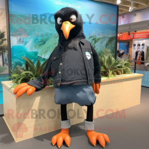 Black Albatross mascot costume character dressed with a Denim Shorts and Shoe laces