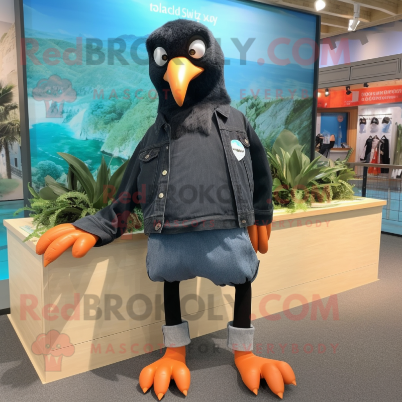 Black Albatross mascot costume character dressed with a Denim Shorts and Shoe laces Black Albatross mascot costume character dressed with a Denim Shorts and Shoe laces