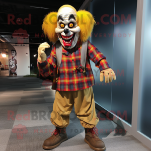 Gold Evil Clown mascot costume character dressed with a Flannel Shirt and Foot pads