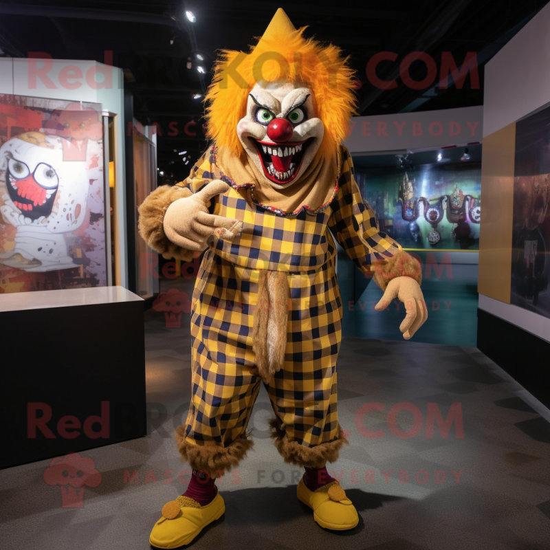 Gold Evil Clown mascot costume character dressed with a Flannel Shirt and Foot pads Gold Evil Clown mascot costume character dressed with a Flannel Shirt and Foot pads