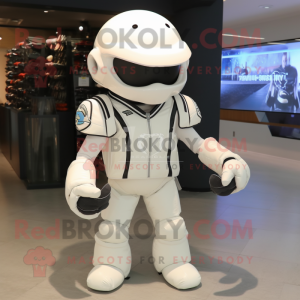 White American Football Helmet mascot costume character dressed with a Leather Jacket and Backpacks