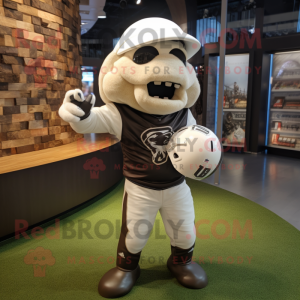 White American Football Helmet mascot costume character dressed with a Leather Jacket and Backpacks
