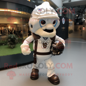 White American Football Helmet mascot costume character dressed with a Leather Jacket and Backpacks