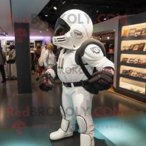 White American Football Helmet mascot costume character dressed with a Leather Jacket and Backpacks